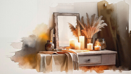 Elegant candles displayed on dresser with mirror reflecting light  
