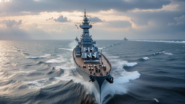 Military destroyer navigating rough ocean waters with escort vessels in formation. Camera panning and tilting across seascape with dramatic cloud formations.