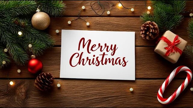 Merry Christmas Card with Pine Branches and Gift Box