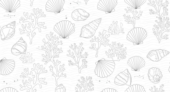 Sea life pattern featuring shells coral and seaweed in a graceful monochrome illustration suitable for backgrounds textiles and wallpaper designs.