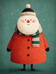 Whimsical winter character with red coat and striped scarf