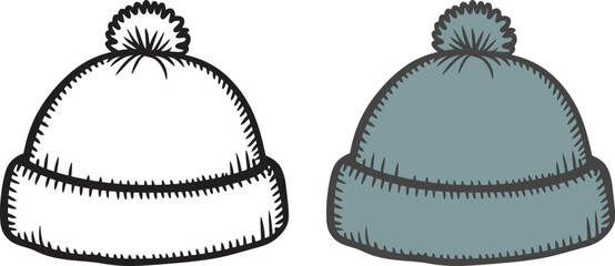 Winter hat vector sketch hand drawn knitted pompom cap warm headwear accessory