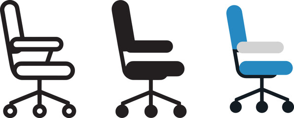 Armless office chair outline glyph and flat design icon set for modern workspaces