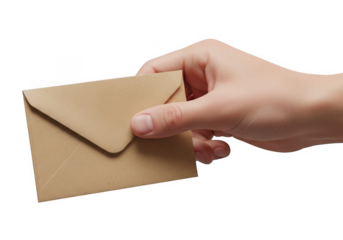 Hand holding small envelope isolated on transparent background
