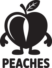 Black peach character illustration with text peaches on transparent background
