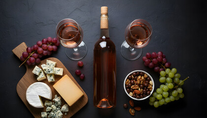 Rose wine bottle glasses cheese board grapes nuts