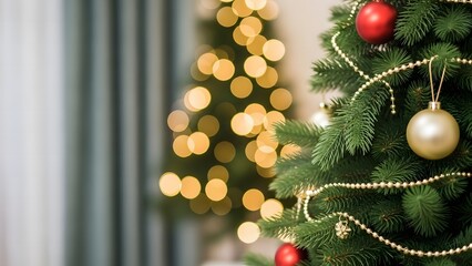Festive Christmas tree adorned with sparkling red and gold baubles and warm lights, capturing the joyful spirit and magical essence of the holiday season