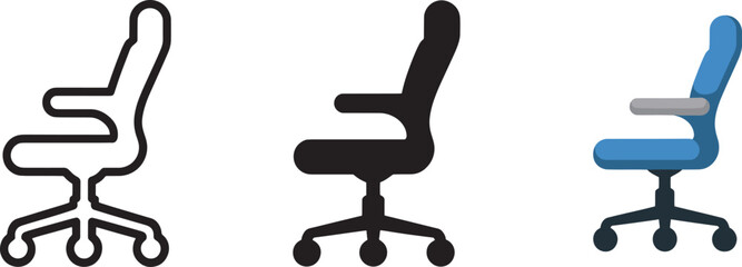Office chair vector icon design set including outline solid and colorful styles illustration