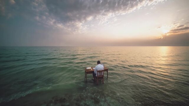 Office desk with computer floats alone on calm sea at sunset creating surreal metaphor for remote work isolation uncertainty and future business