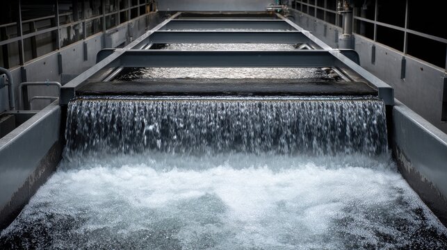 Water flowing over a weir in a modern water treatment facility