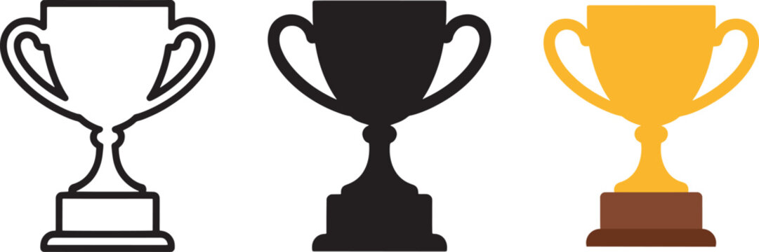 Trophy cup award vector isolated on transparent background outline, black and colored icon set