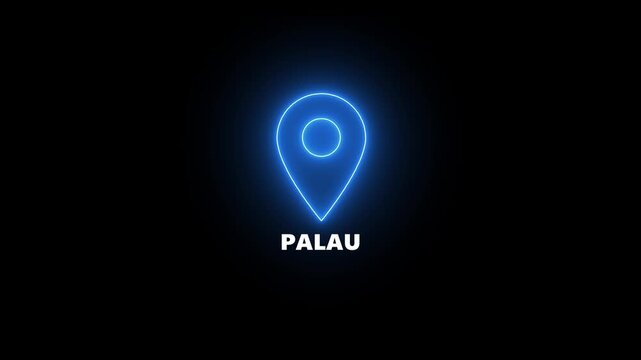 Neon blue location pin icon with the word PALAU on a black background Palau map marker