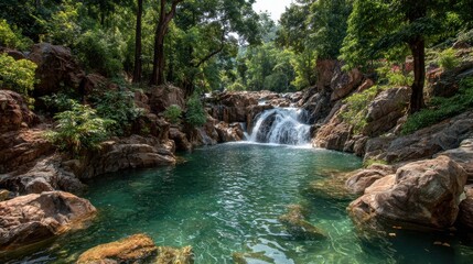 Naklejka premium Waterfall flows into clear pool in lush garden surrounded by trees and greenery during bright daylight