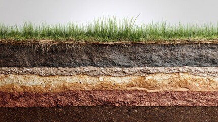 Detailed cross-section of soil layers with green grass and roots