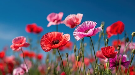 Fototapeta premium Vibrant Red and Pink Poppies Blooming in a Summer Field Against a Clear Blue Sky