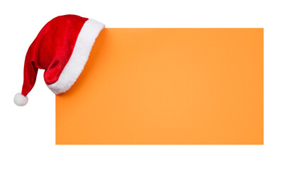 Santa Claus Hat Hanging on Orange Banner Isolated on White and Png Transparent Background