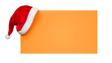 Santa Claus Hat Hanging on Orange Banner Isolated on White and Png Transparent Background