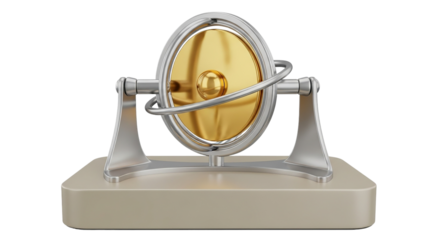 Golden silver gyroscope modern precision engineering mechanism physics balance concept elegant technology threeD