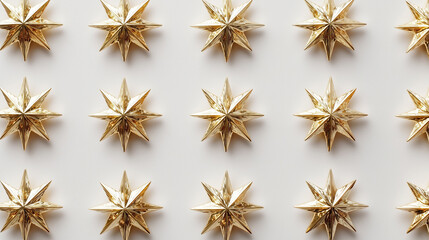 A row of gold stars are lined up on a white background