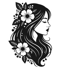Woman side profile with long hair decorated with flowers and berries floral design