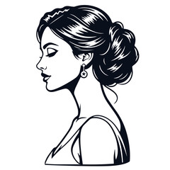 Young elegant woman profile with updo hairstyle and star earring minimal line art