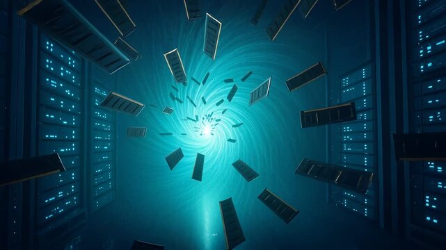 Computer memory modules spiraling into data center core. RAM chips converging toward glowing center with server racks lining sides. Dynamic camera movement through server hall.