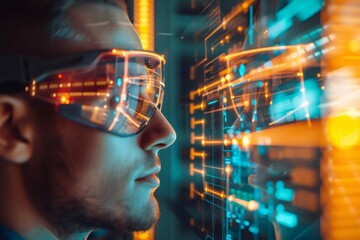 Man experiencing augmented reality using futuristic smart glasses