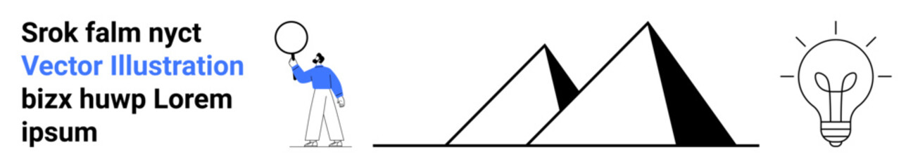 Person holding balloon, geometric mountains, and glowing lightbulb evoke creativity, innovation, exploration, and abstract thinking. Ideal for education, design, innovation concept analysis art