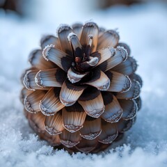 Detail macro shot of a single pine cone covered with ice crystals in soft snow