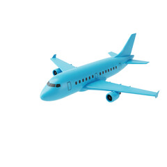 A stylized, modern azure blue 3D airplane with sleek lines and geometric forms, simplified engines and dark windows, against a transparent background with copy space. Modern air travel design concept