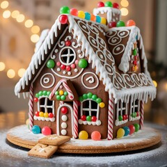 A festive gingerbread house decorated with colorful candies and white icing