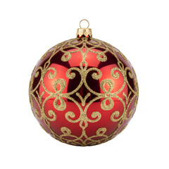 Elegant red christmas ornament with intricate gold glitter pattern against a solid black background