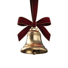 A golden bell ornament hanging with red velvet ribbon bow against a black background