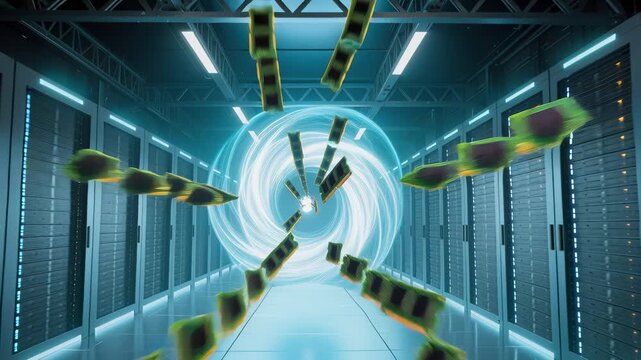 Data center facility with DDR RAM modules spiraling into glowing vortex. Server hall with rows of equipment and neon lighting. Visual metaphor for the global memory shortage caused by AI data centers
