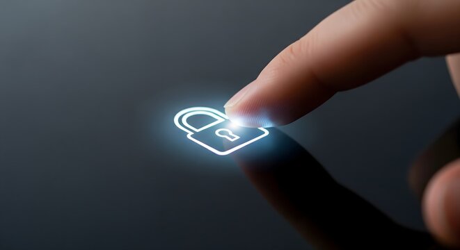 Finger pressing glowing security padlock icon on a digital touchscreen interface, symbolizing cyber protection and private data access.