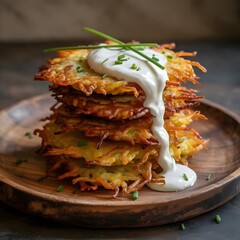 Golden brown stack of crispy potato pancakes with sour cream and chives on a wooden plate