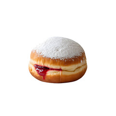 A close-up shot of a single, freshly baked donut filled with sweet red jam and dusted with powdered sugar.