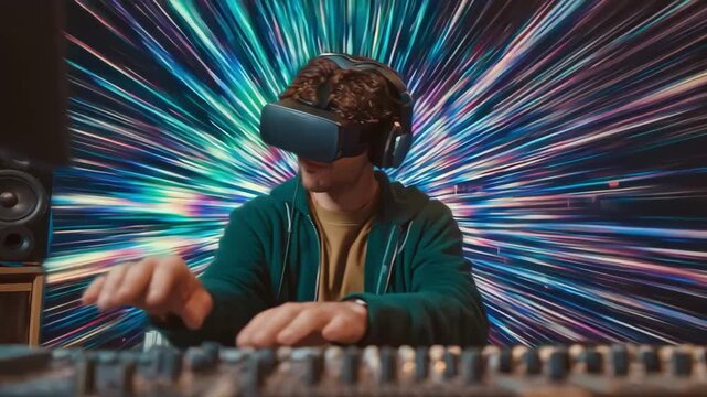Medium shot showing a gamer wearing VR headset with dynamic surround sound effects elevating the engagement in a virtual reality game.