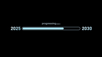 New year 2030 progress bar animation Year changing from 2025 to 2030. progress bar from 2025 to 2030 new year transfer animation. Almost reaching New Year on black background .from 2025 to 2030 .