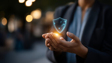Faceless businesswoman hands holding digital shield icon financial data protection representation cybersecurity digital banking fintech transaction security safety operation