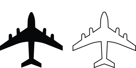 Fototapeta premium Black airplane icon set in flat and line style, aviation silhouette collection featuring jet, aircraft and flight symbol group, minimal monochrome transport vector illustration pack with synonym eleme