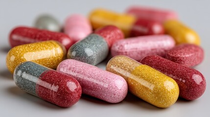 Different types of dietary supplements arranged on a flat surface during a health and wellness routine at home