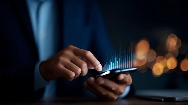 Faceless businessman hands using smartphone with virtual analytics dashboard data interface display dark background digital business fintech concept visualization - Powered by Adobe