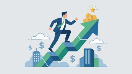 Businessman climbing growing arrow chart to financial success, career growth, profit increase, business development, investment return, corporate achievement and economic progress concept illustration