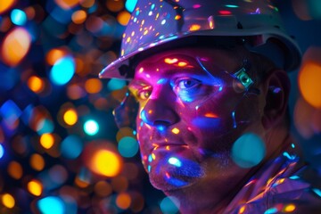 Man wearing hard hat with futuristic augmented reality device