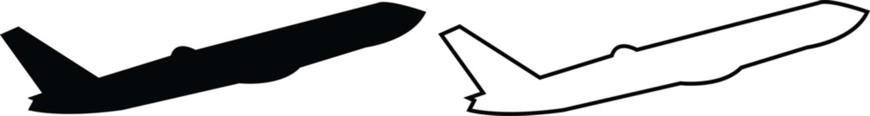 Black airplane icon set in flat and line style, aviation silhouette collection featuring jet, aircraft and flight symbol group, minimal monochrome transport vector illustration pack with synonym eleme