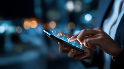 Faceless person using smartphone for mobile banking digital finance representation secure transactions display fintech innovation visualization financial technology operation