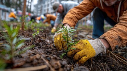 Gardening activity in a city with people planting vegetables in soil while wearing boots near urban buildings on a cloudy day