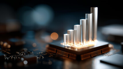 Holographic bar chart rising from microchip visualization scalable data growth symbolizing high performance analytics display technological advancement representation digital