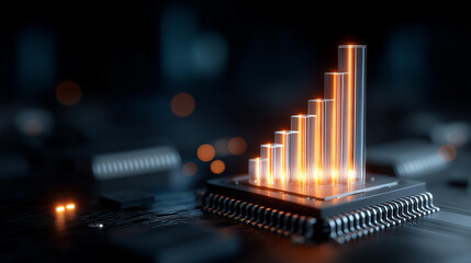 Holographic bar chart rising from microchip visualization scalable data growth symbolizing high performance analytics display technological advancement representation digital